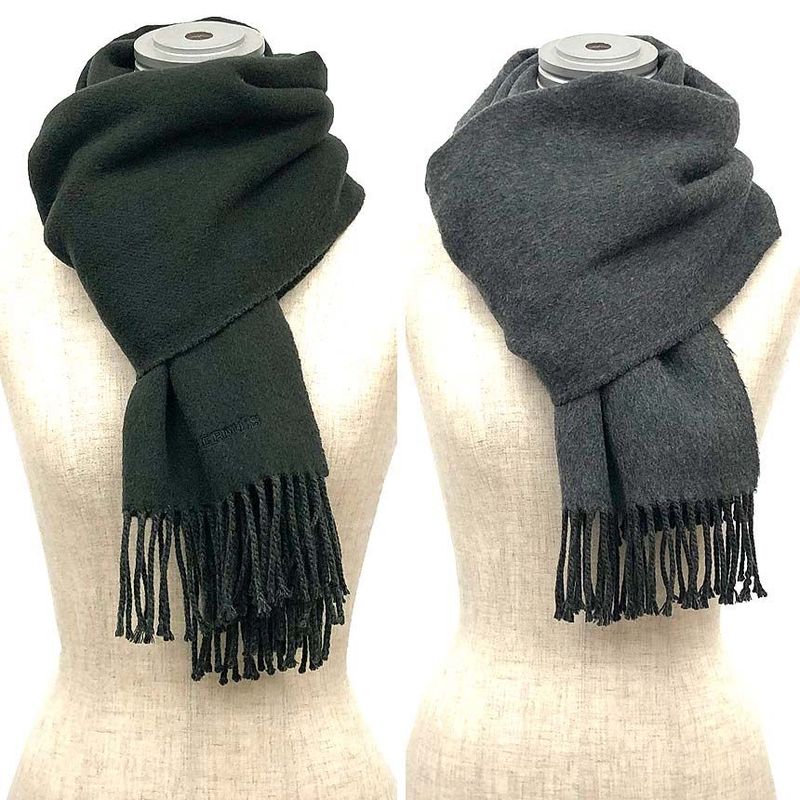 Hermes Cashmere Muffler Green Gray Bicolor Scarf