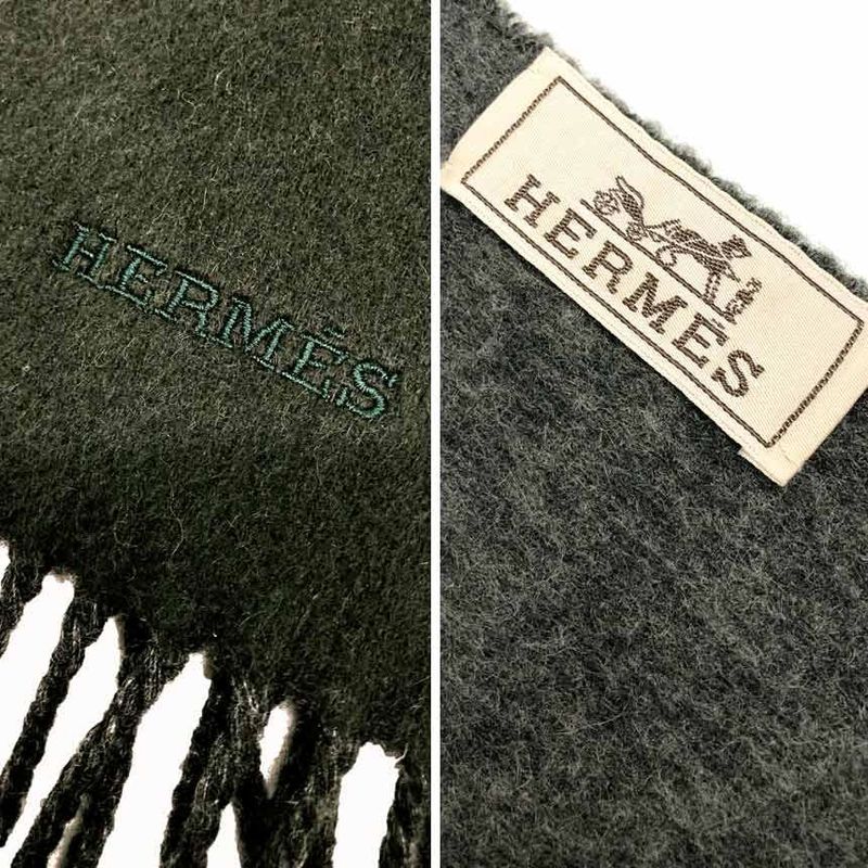 Hermes Cashmere Muffler Green Gray Bicolor Scarf