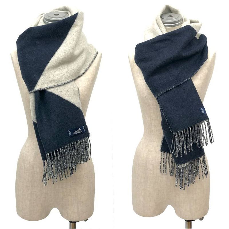 Hermes Cashmere Muffler Kazak Bicolor Shawl Navy Gray Scarf