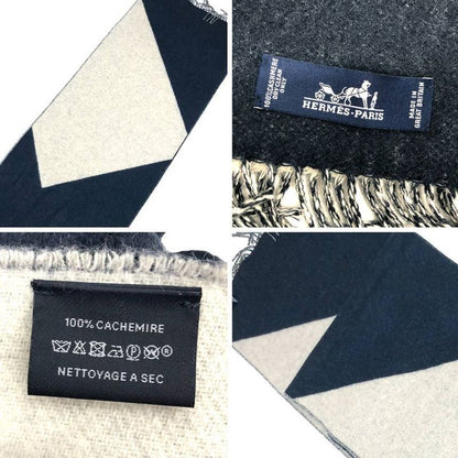 Hermes Cashmere Muffler Kazak Bicolor Shawl Navy Gray Scarf