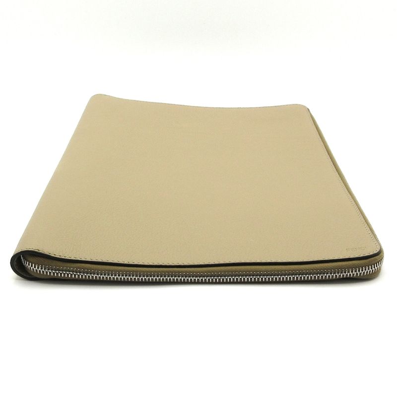 Fendi Case Gray Beige Document Case Zip Around Leather