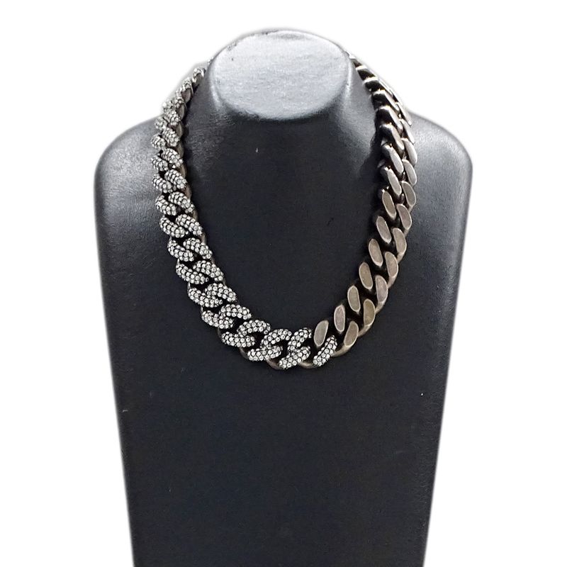 Saint Laurent Choker Necklace Metal Rhinestone Silver Chain