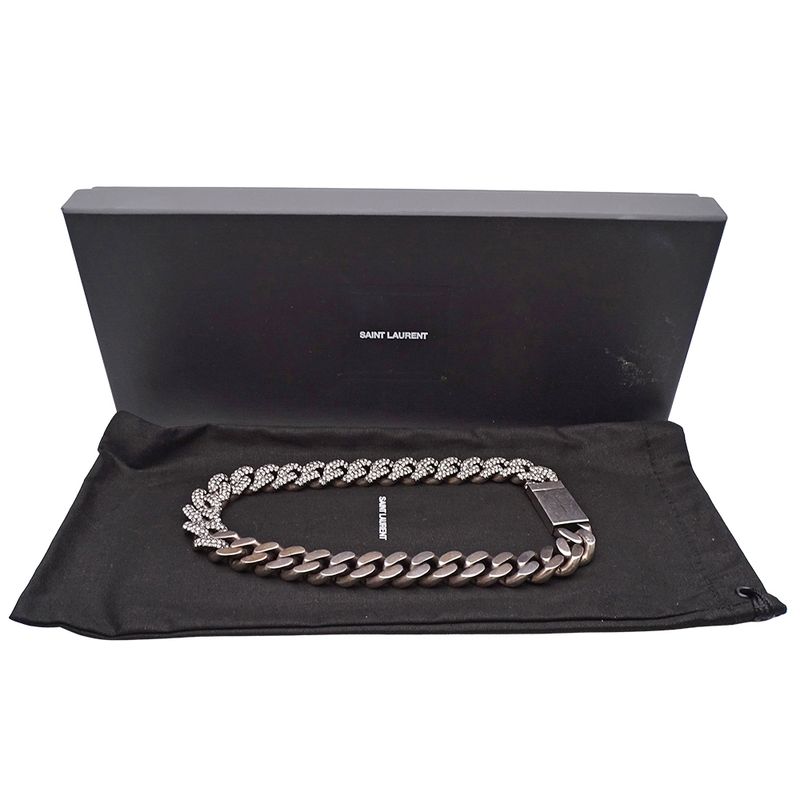 Saint Laurent Choker Necklace Metal Rhinestone Silver Chain