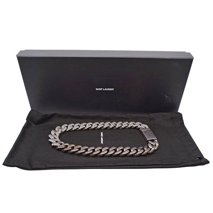 Saint Laurent Choker Necklace Metal Rhinestone Silver Chain