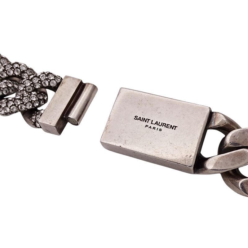 Saint Laurent Choker Necklace Metal Rhinestone Silver Chain