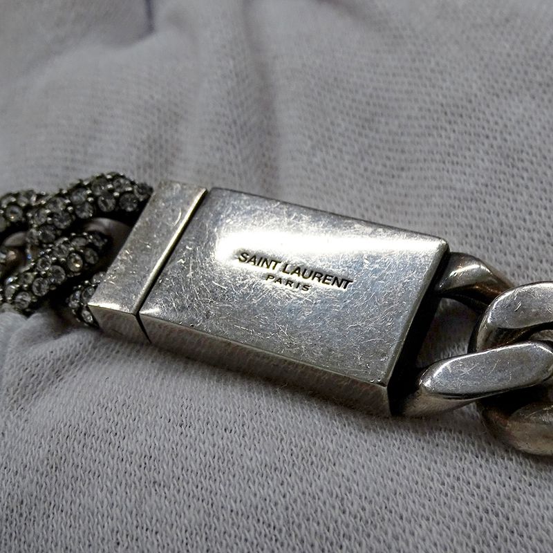 Saint Laurent Choker Necklace Metal Rhinestone Silver Chain
