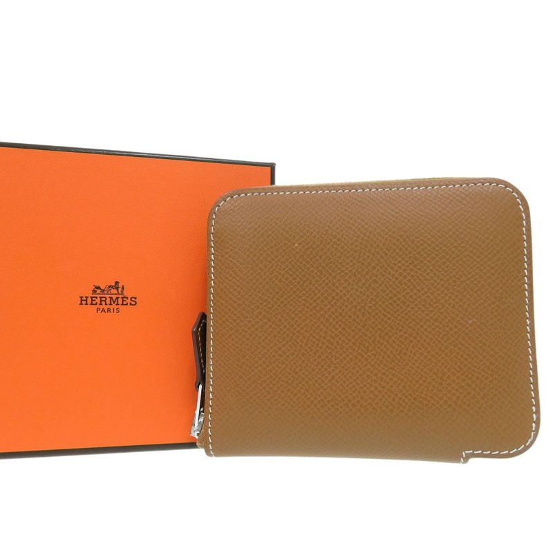 Hermes Azap Compact Silk in Gold Round Wallet Leather Brown