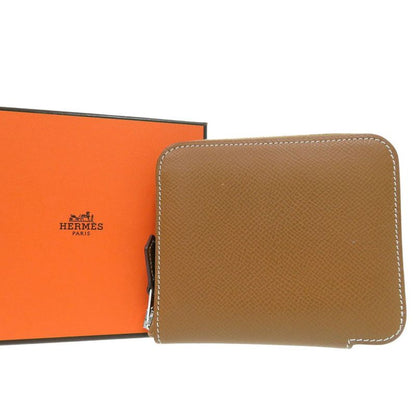 Hermes Azap Compact Silk in Gold Round Wallet Leather Brown