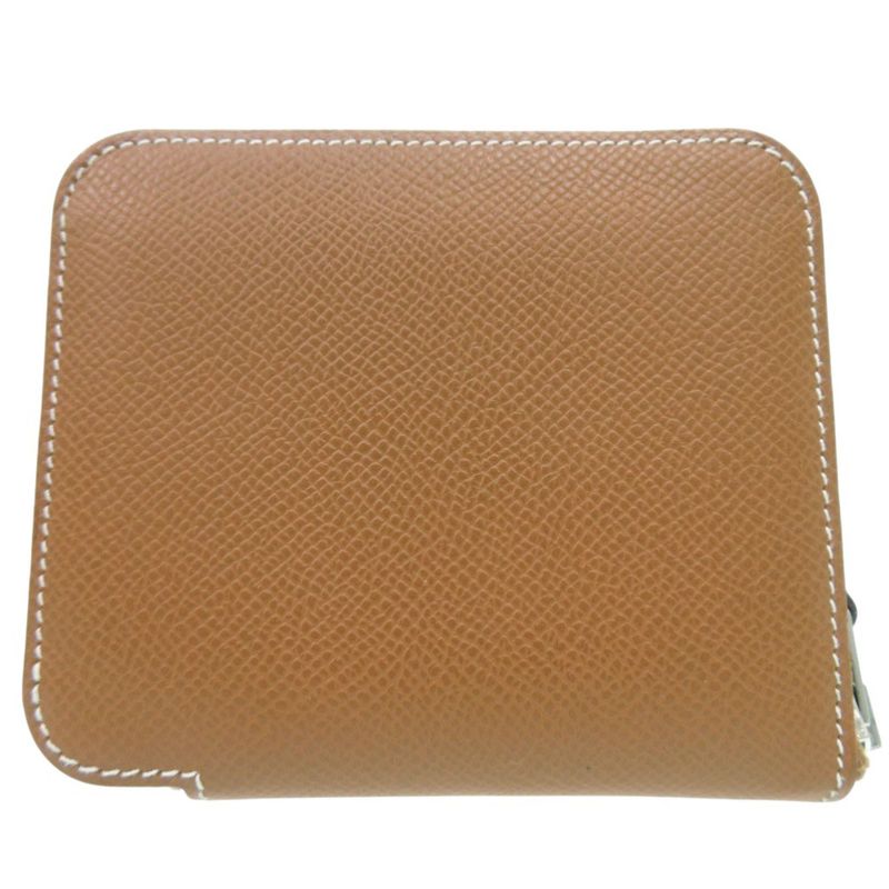 Hermes Azap Compact Silk in Gold Round Wallet Leather Brown