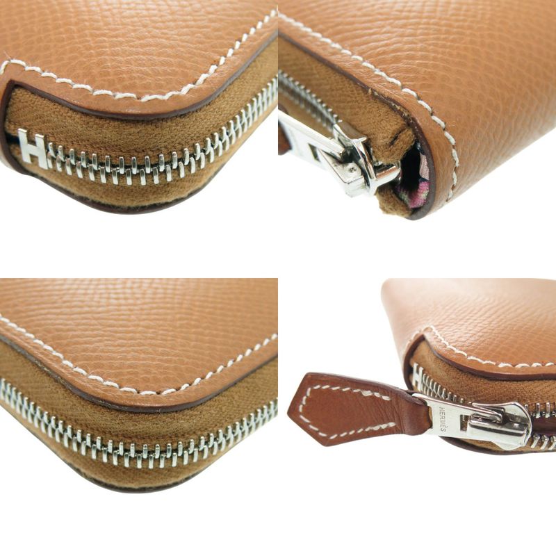 Hermes Azap Compact Silk in Gold Round Wallet Leather Brown