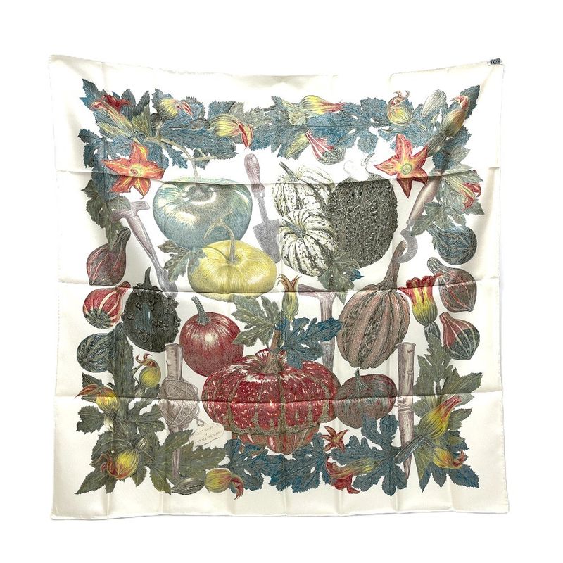 Hermes Scarf Citrouilles&coloqu in Tes Pumpkin and Colocint Silk White Beige