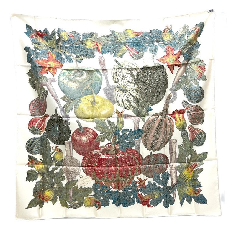 Hermes Scarf Citrouilles&coloqu in Tes Pumpkin and Colocint Silk White Beige