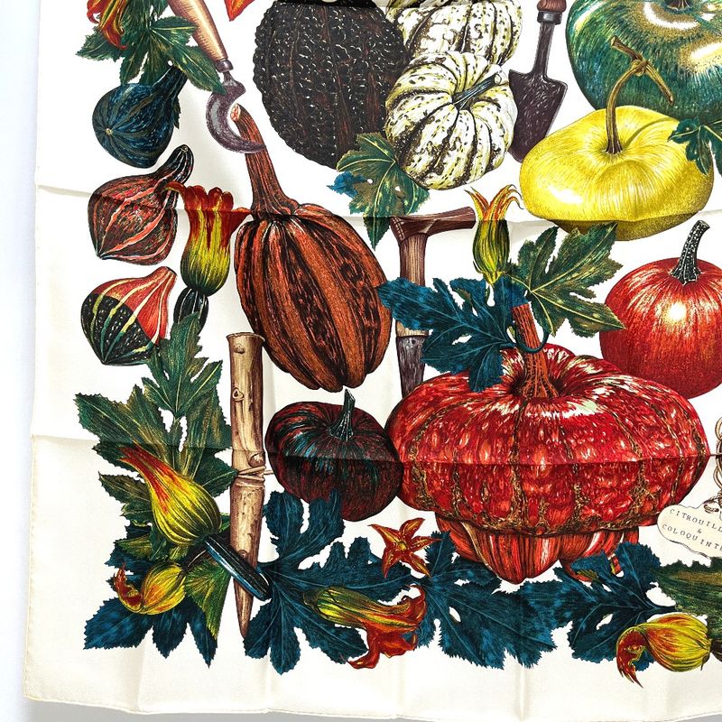 Hermes Scarf Citrouilles&coloqu in Tes Pumpkin and Colocint Silk White Beige