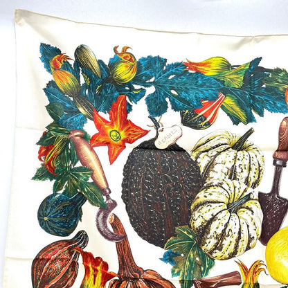Hermes Scarf Citrouilles&coloqu in Tes Pumpkin and Colocint Silk White Beige