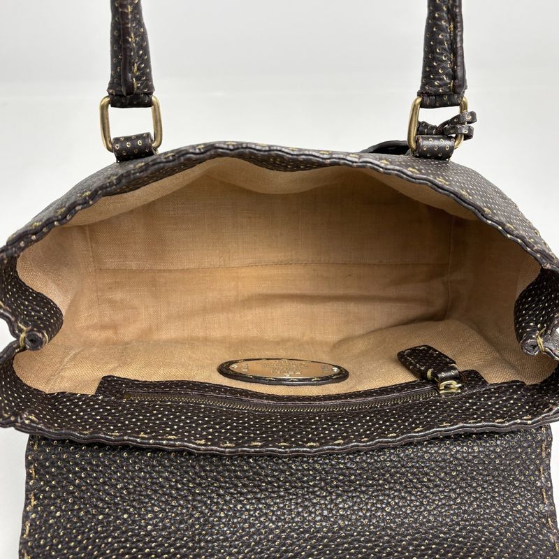 Fendi Selleria Mini Linda Handbag Stitch Leather Brown