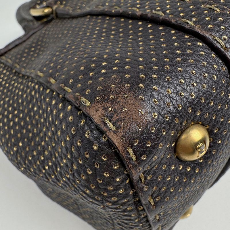 Fendi Selleria Mini Linda Handbag Stitch Leather Brown