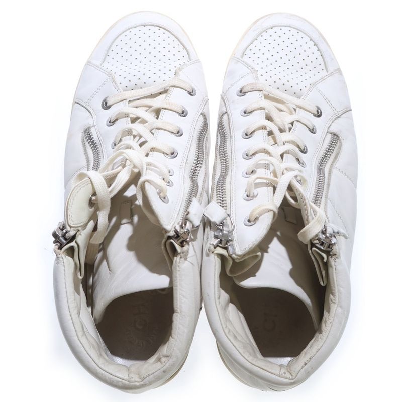 Chanel CC Logo Side Zip High Cut Sneakers White