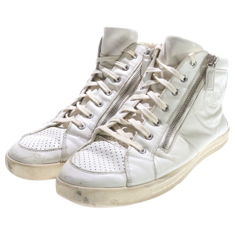 Chanel CC Logo Side Zip High Cut Sneakers White