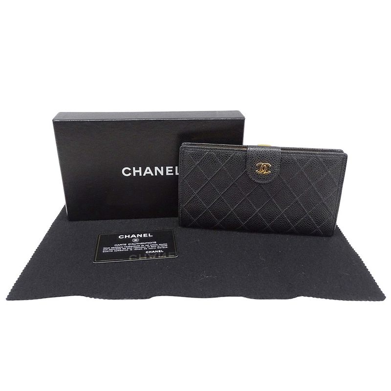 Chanel Wallet Long Wallet Bicolor Caviar Leather Black Gold