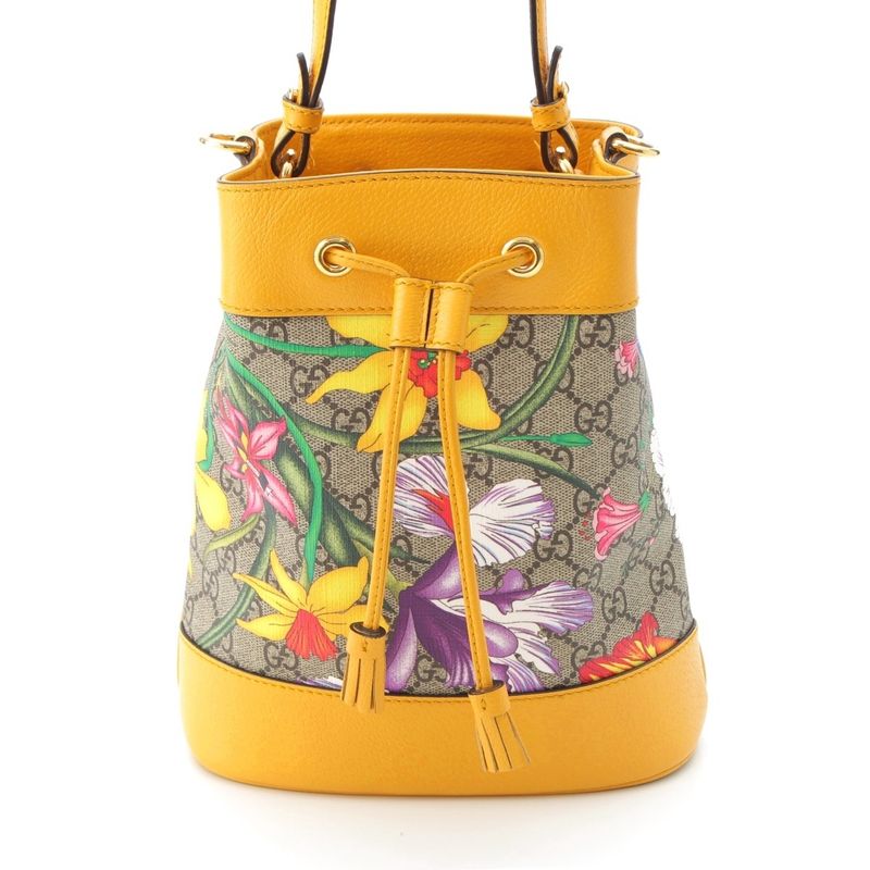 Gucci Leather GG Supreme Flora Shoulder Drawstring Handbag Yellow
