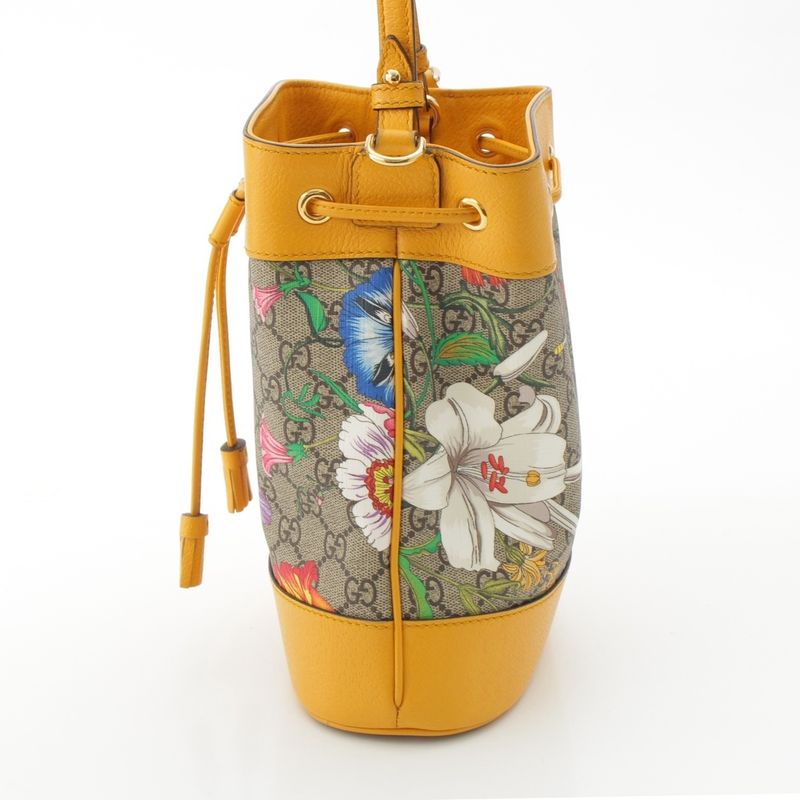 Gucci Leather GG Supreme Flora Shoulder Drawstring Handbag Yellow