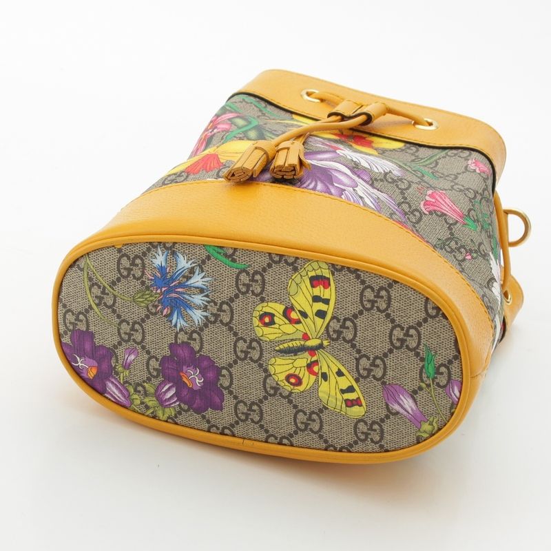 Gucci Leather GG Supreme Flora Shoulder Drawstring Handbag Yellow