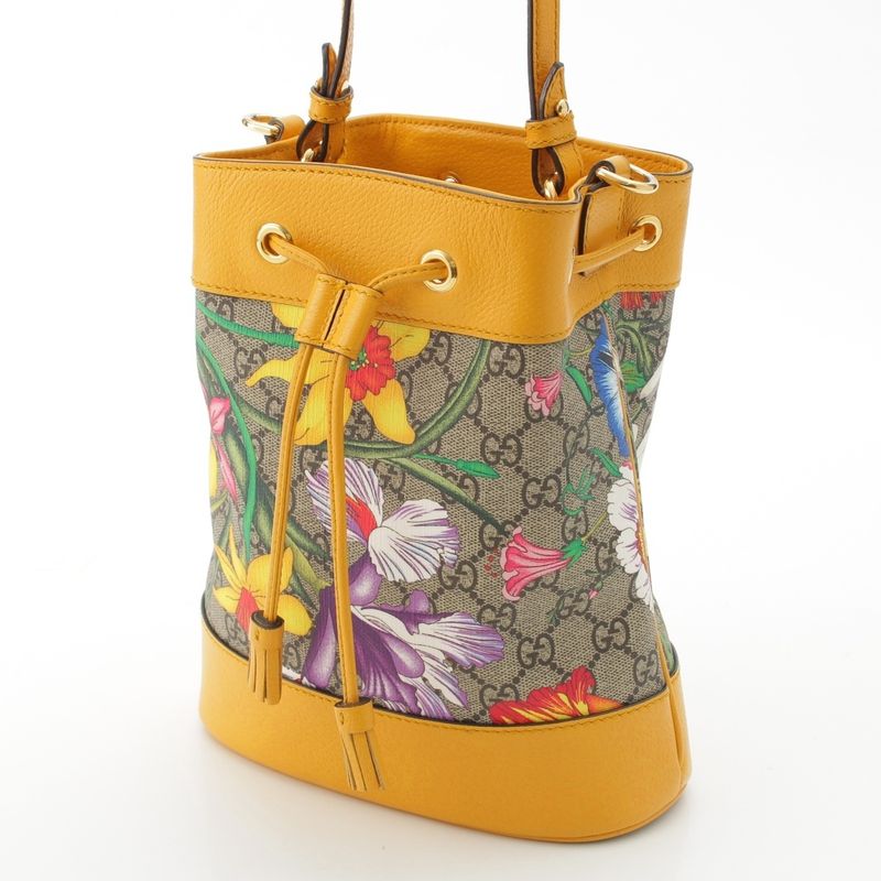 Gucci Leather GG Supreme Flora Shoulder Drawstring Handbag Yellow