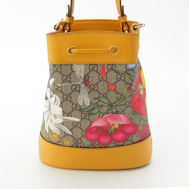 Gucci Leather GG Supreme Flora Shoulder Drawstring Handbag Yellow