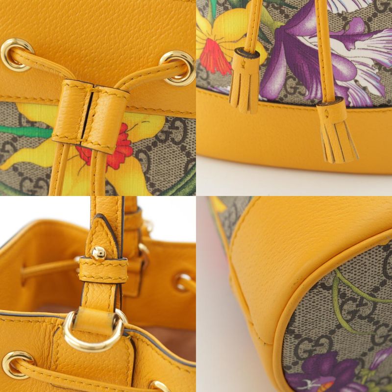 Gucci Leather GG Supreme Flora Shoulder Drawstring Handbag Yellow
