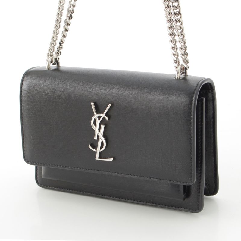 Saint Laurent Leather Sunset YSL Logo Chain Shoulder Bag Black Silver