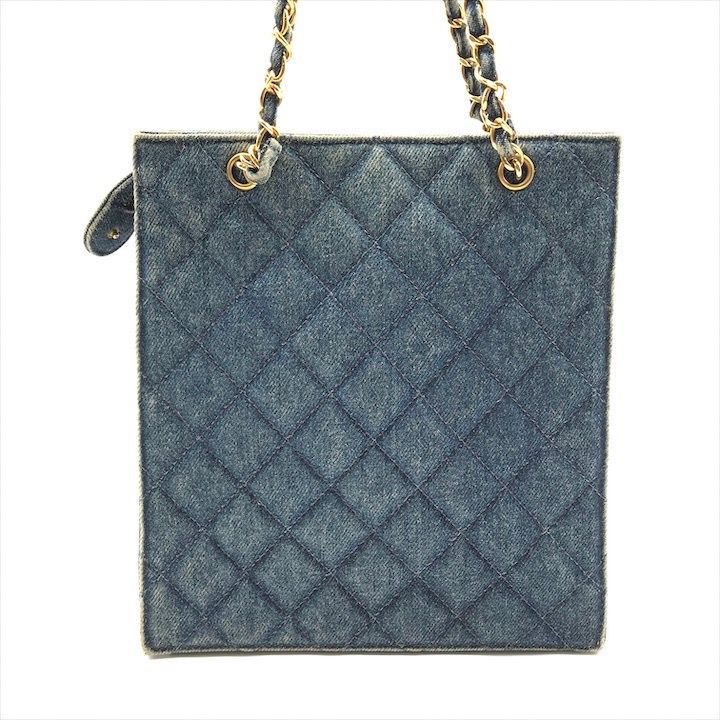 Chanel CC Logo Denim Quilted Vintage Chain Tote Shoulder Bag Blue