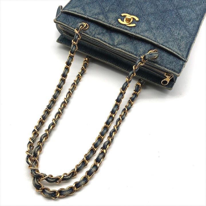 Chanel CC Logo Denim Quilted Vintage Chain Tote Shoulder Bag Blue
