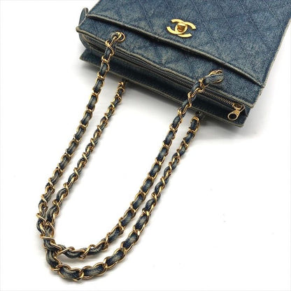 Chanel CC Logo Denim Quilted Vintage Chain Tote Shoulder Bag Blue