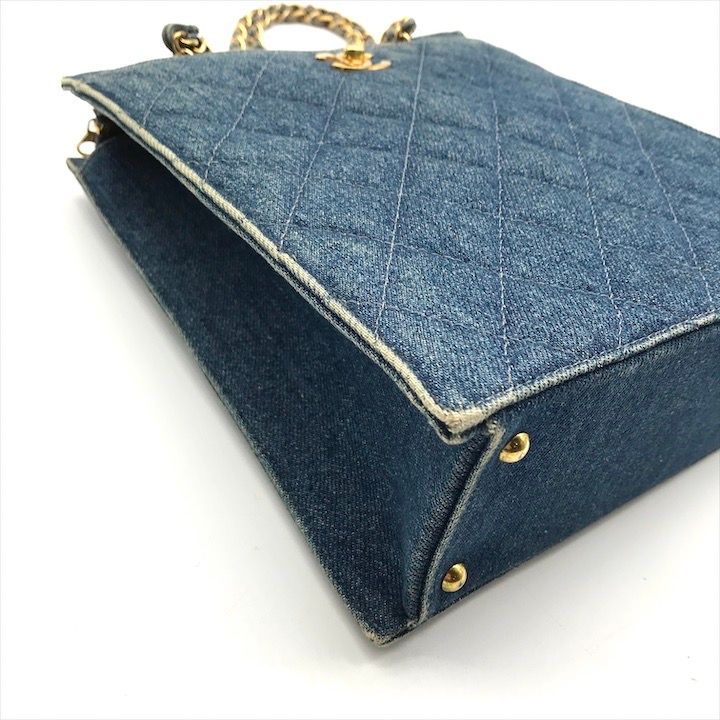 Chanel CC Logo Denim Quilted Vintage Chain Tote Shoulder Bag Blue