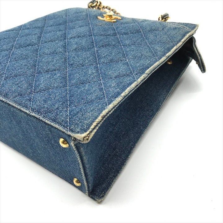 Chanel CC Logo Denim Quilted Vintage Chain Tote Shoulder Bag Blue