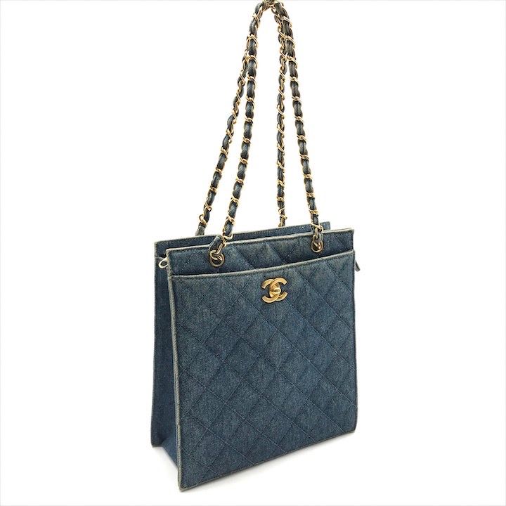 Chanel CC Logo Denim Quilted Vintage Chain Tote Shoulder Bag Blue