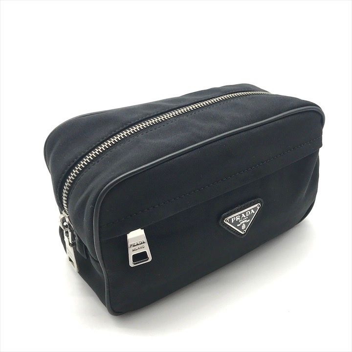 Prada Nylon Leather Triangle Logo Pouch Black Present