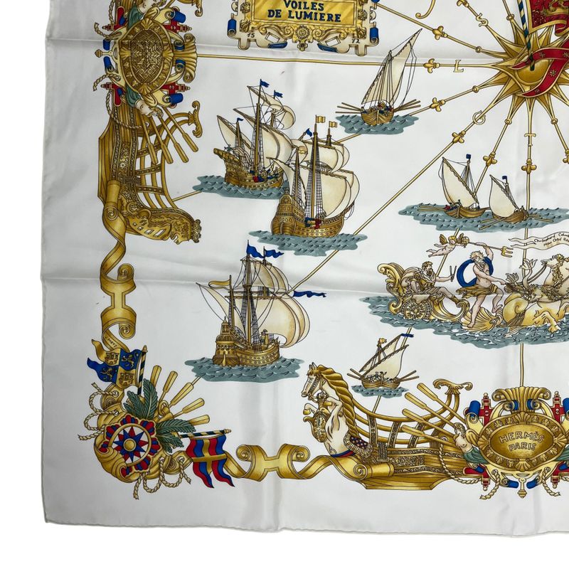 Hermes Carre 90 Silk Scarf Voiles de Lumiere Sailing Ship of Light White