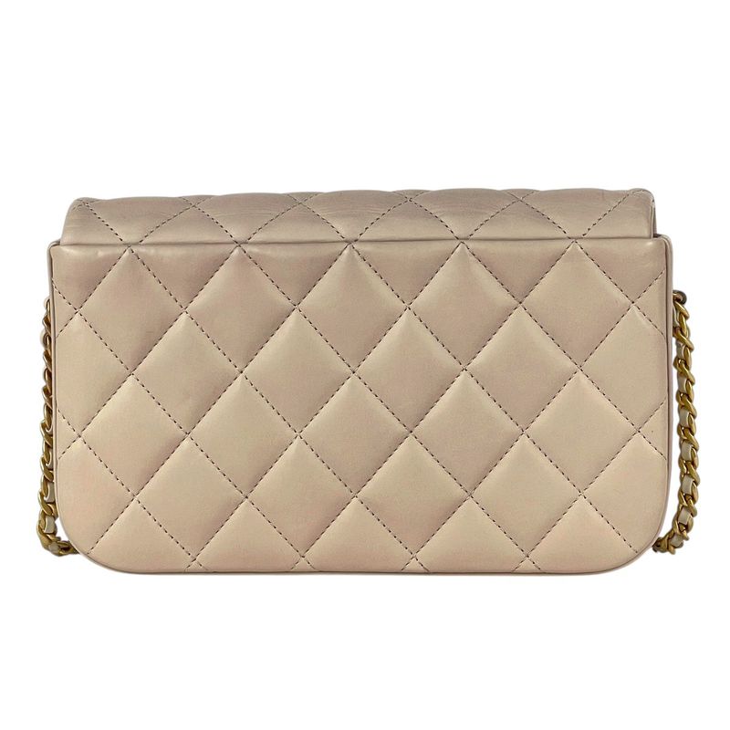 Chanel CC Logo Chain Shoulder Bag Quilted Leather Beige