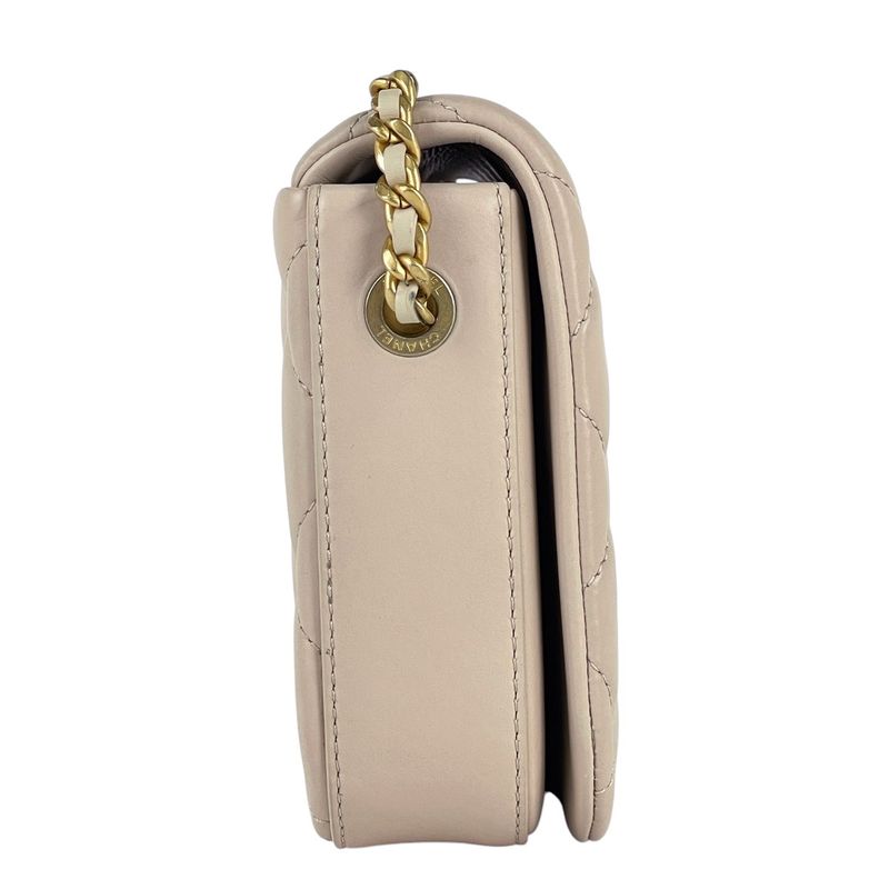 Chanel CC Logo Chain Shoulder Bag Quilted Leather Beige