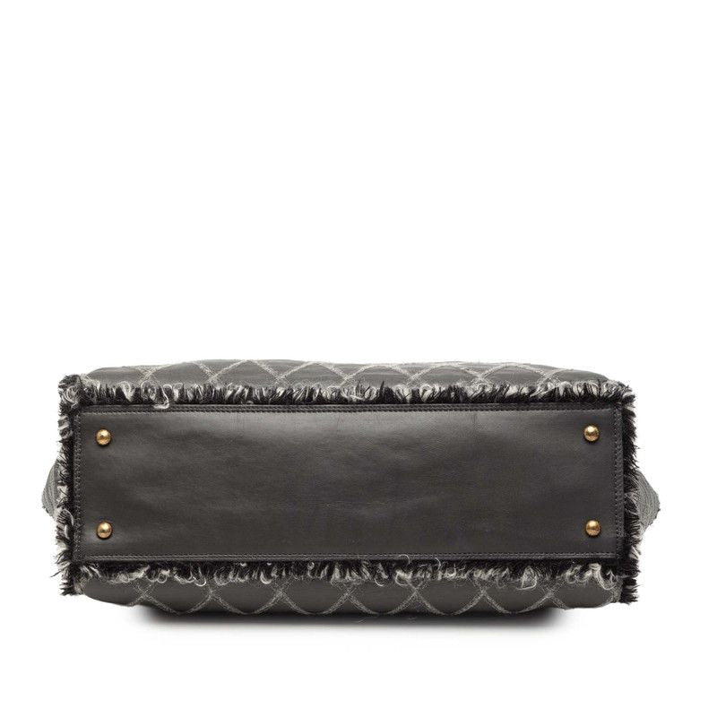 Chanel Quilted CC Logo Chain Tote Gray Black Leather Tweed