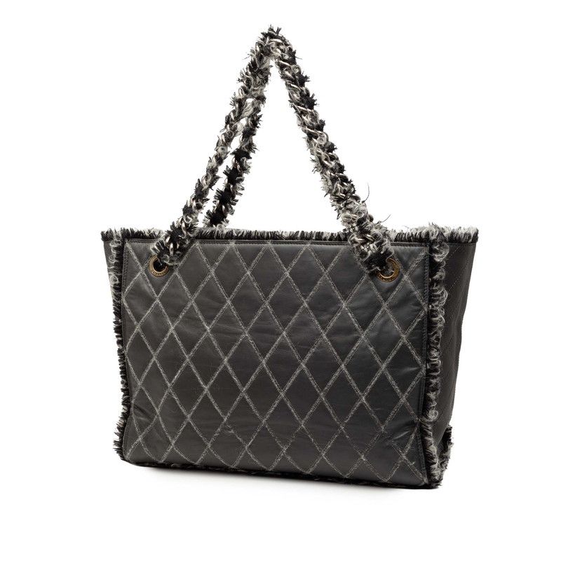 Chanel Quilted CC Logo Chain Tote Gray Black Leather Tweed