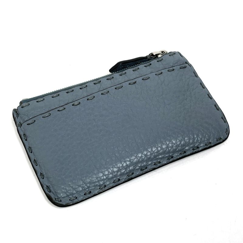 Fendi Selleria Coin Case Key Chain Coin Purse Leather Blue