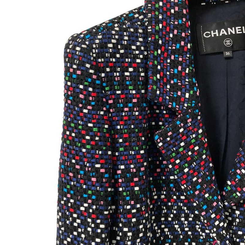 Chanel CC Logo Button Multi Tweed Jacket 36 Navy Color