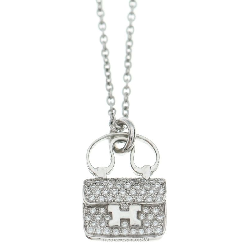 Hermes Amulet Constance Logo Bag Motif Necklace White Gold Diamond 18K