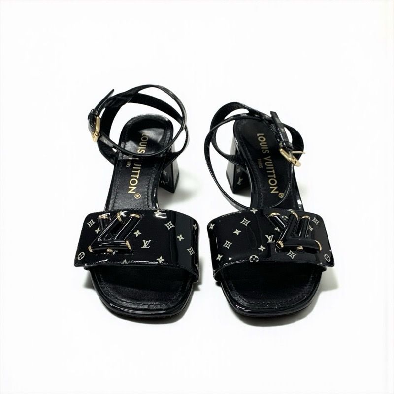 Louis Vuitton Shakeline Monogram Sandals Shoes Patent Black Gold LV Logo