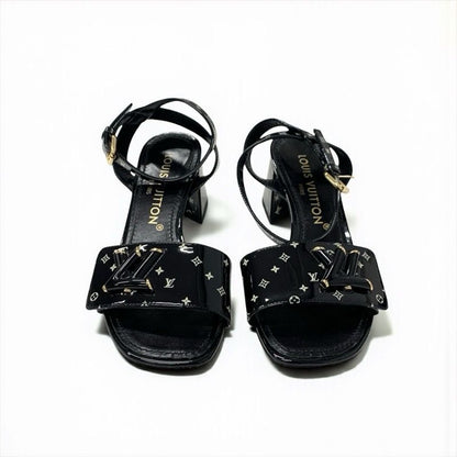 Louis Vuitton Shakeline Monogram Sandals Shoes Patent Black Gold LV Logo