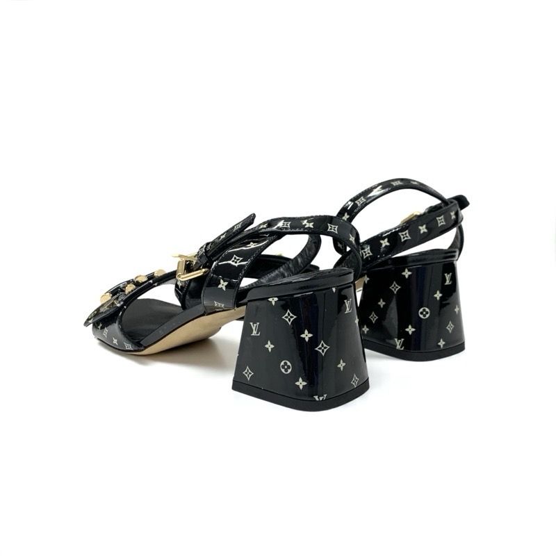 Louis Vuitton Shakeline Monogram Sandals Shoes Patent Black Gold LV Logo