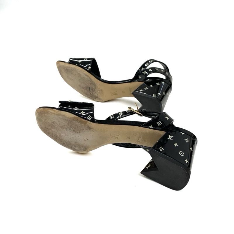Louis Vuitton Shakeline Monogram Sandals Shoes Patent Black Gold LV Logo