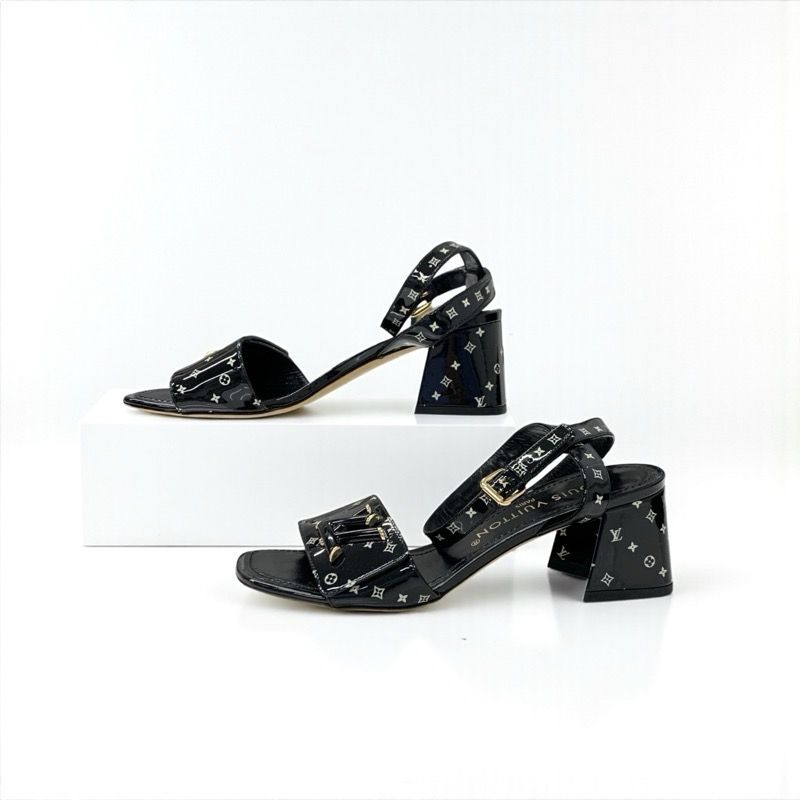 Louis Vuitton Shakeline Monogram Sandals Shoes Patent Black Gold LV Logo